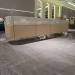 Luxury TV Stand with Dark Marble Top Cream Gloss Frame and Fluted Storage Panels